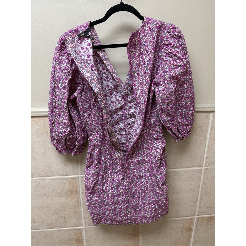 Maje Ryad Floral Puff Sleeve Ruched Mini Dress Fuchsia Pink Cotton Sz 38 US 6 - Picture 8 of 15